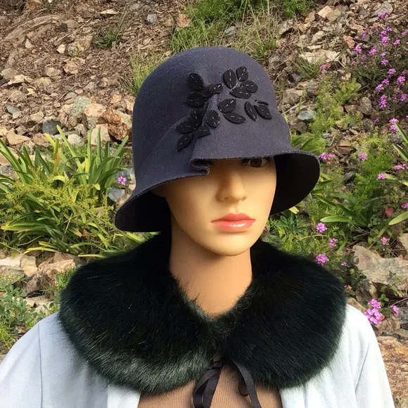 New Cloche Hat 100% wool felt charcoal tone with flowers Giovanni New York